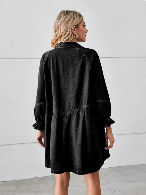 'Zola' Button Up Flounce Sleeve Mini Denim Dress - Celes Fashion